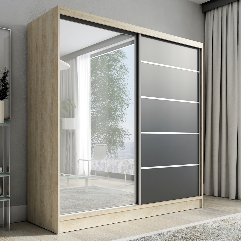 A&J MöbelLand Schwebetürenschrank NERO 200 cm mit Spiegel drei Schubladen Bild 1