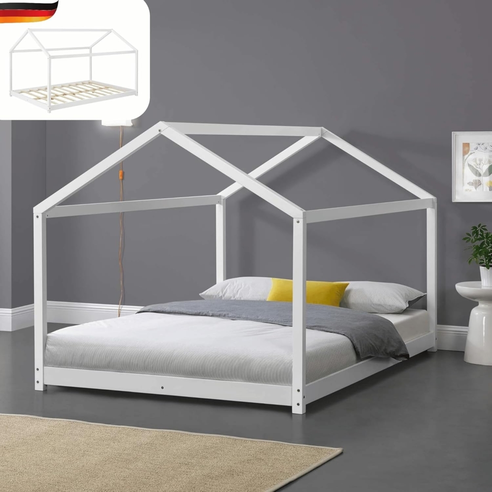 DELUKE® Kinderbett 120x200 cm FOGO - mit Lattenrost Kiefernholz Haus-Optik Einzelbett Hausbett Kinderzimmer Bodenbett Montessori Bett Weiß Bild 1