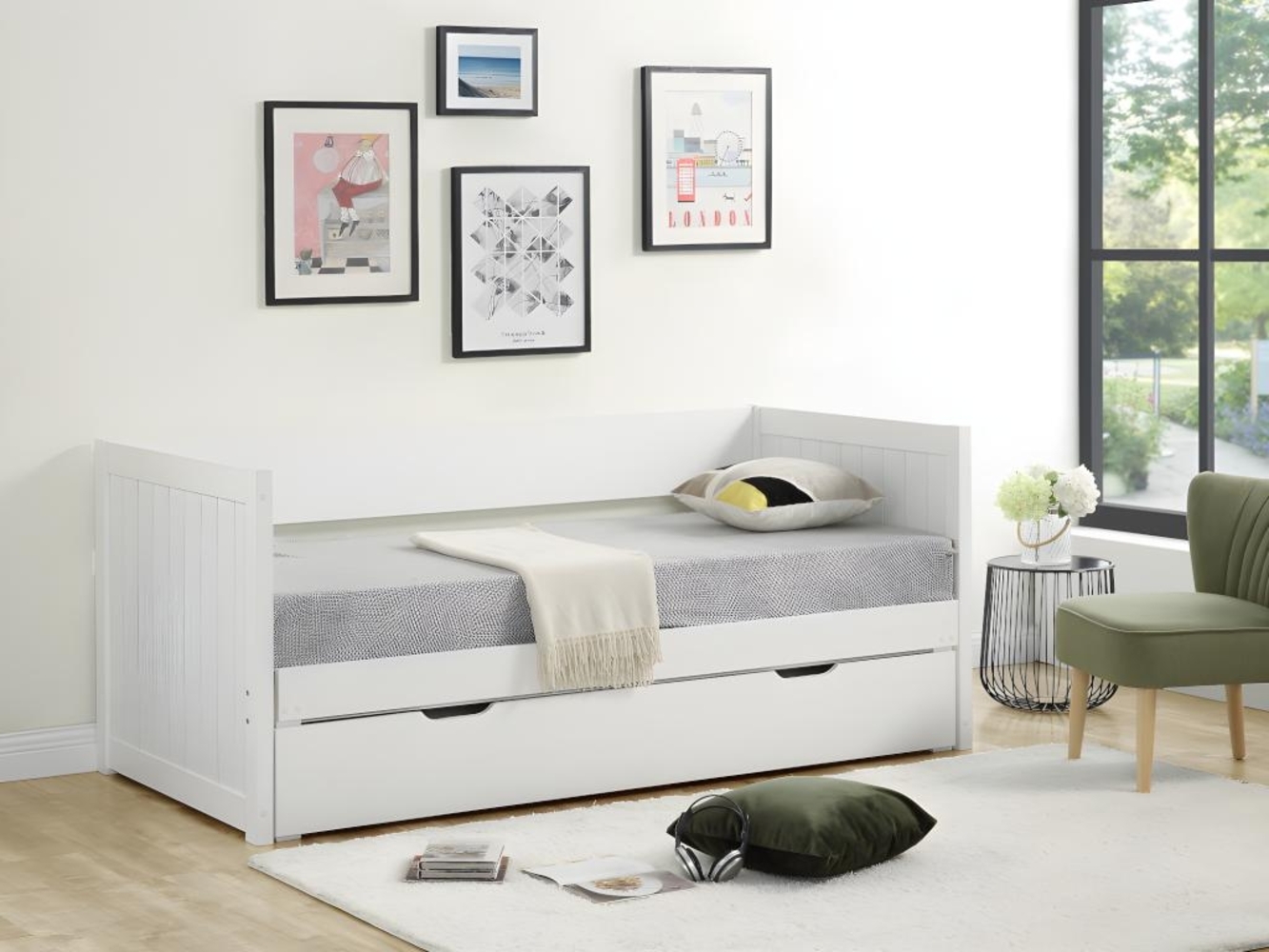 Vente-unique - Ausziehbett - 90 x 190 cm oder 174 x 190 cm - mit ausziehbarem Lattenrost und Schublade - Kiefer & MDF - Weiß - ALFIERO II Bild 1