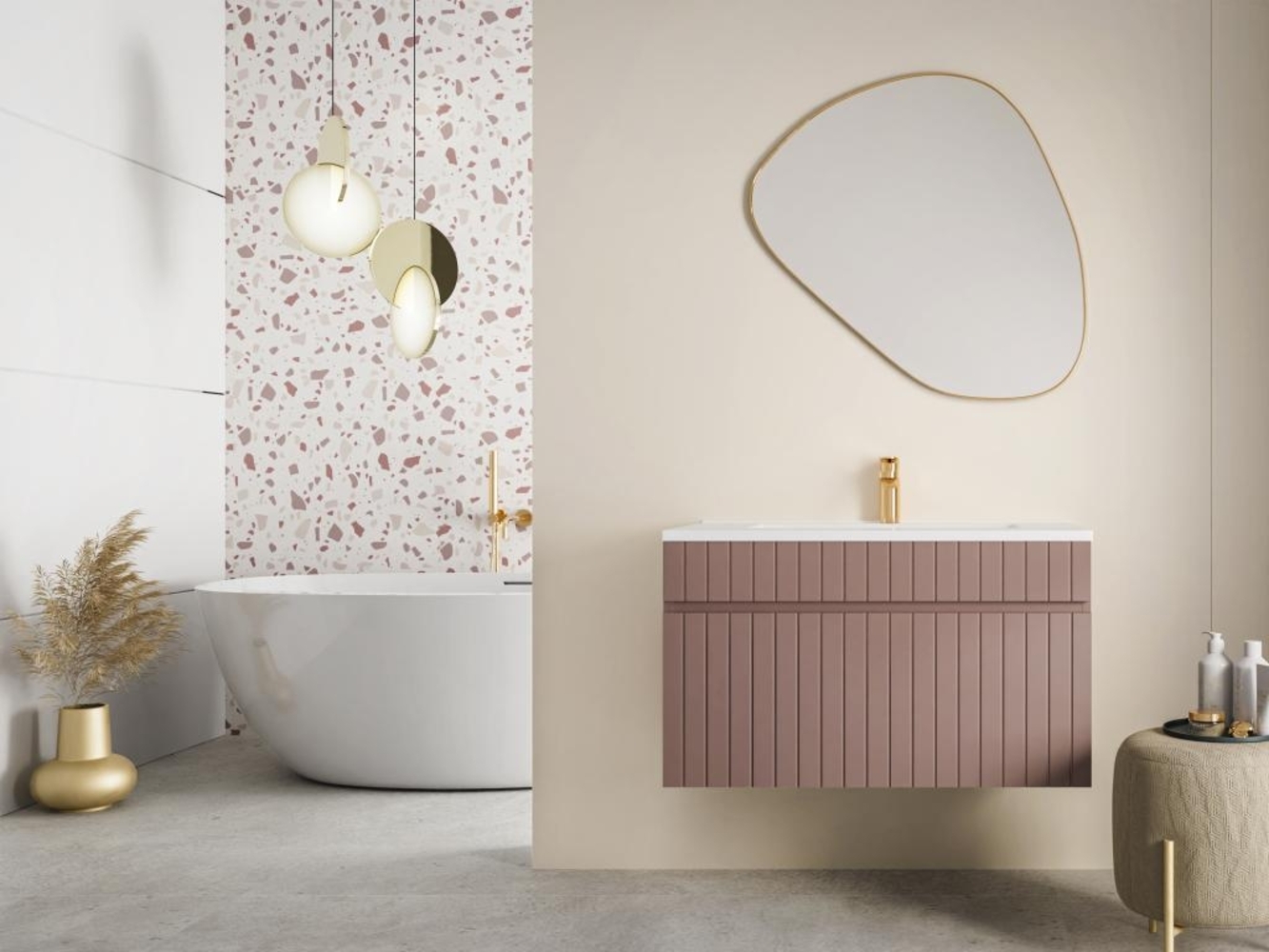 Vente-unique - Waschbeckenunterschrank hängend mit Einbauwaschbecken - Streifen-Optik - Rosa - 80 cm - SATARA Bild 1