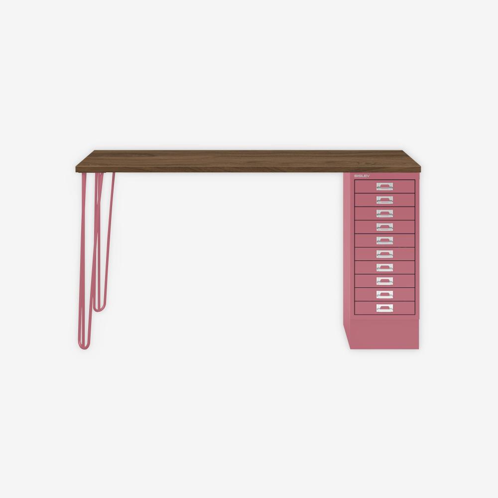 MultiDesk, 2 Stahlfüße, 1 MultiDrawer mit 10 Schüben, Dekor Nussbaum, Farbe Pink, Maße: H 740 x B 1400 x T 600 mm Bild 1