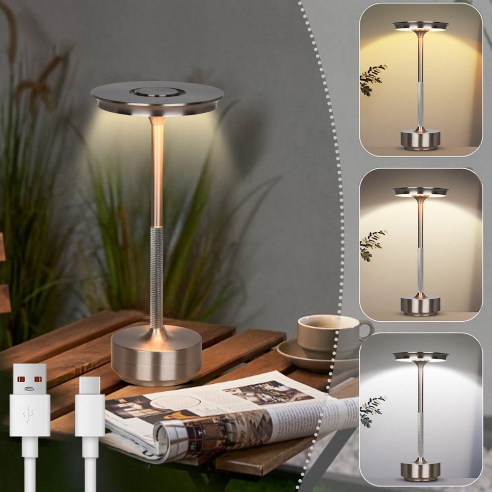 MUPOO LED Tischleuchte Tischlampe Akku Touch Dimmbar mit USB-C,3 Farbtem, Silber, UFO Nachtlicht, Indoor, Outdoor Camping, Memory-Funktion Bild 1