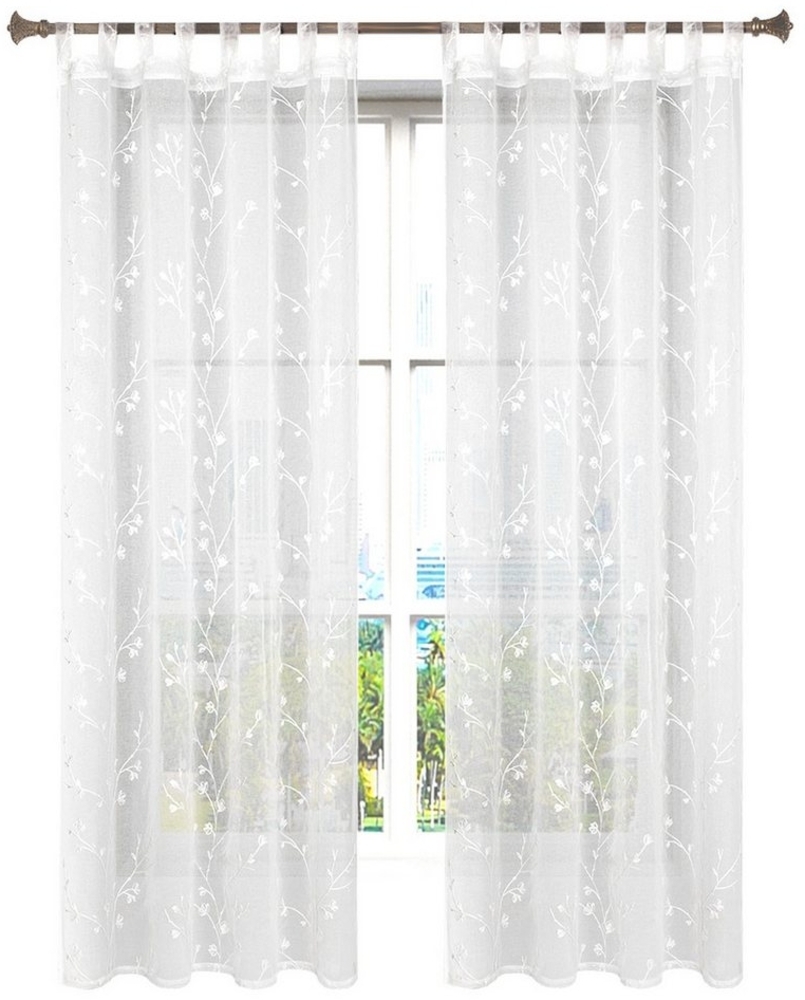 Woltu Gardine (2 St), halbtransparent, Blumen Stickerei mit Schlaufen Leinen Optik Bild 1