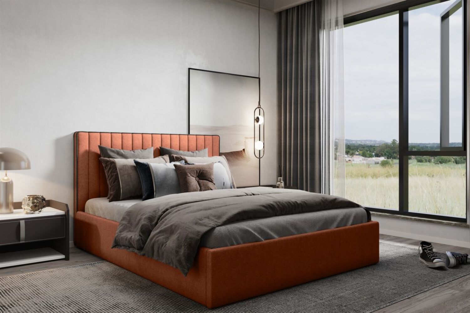 Polsterbett Doppelbett ELIOS Komplettset in Stoff Brooklyn Orange 200x200 cm Bild 1