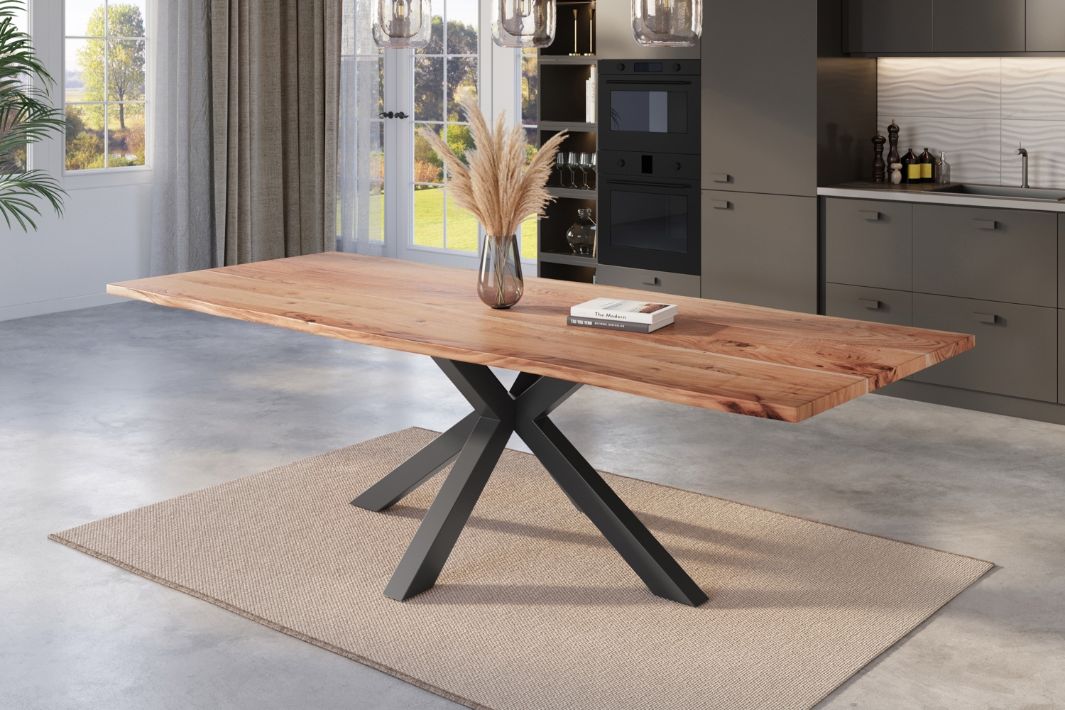 Esstisch Baumkante massiv Akazie natur 300 x 100 cm Spider-Gestell schwarz KALEA 77145071 Bild 1