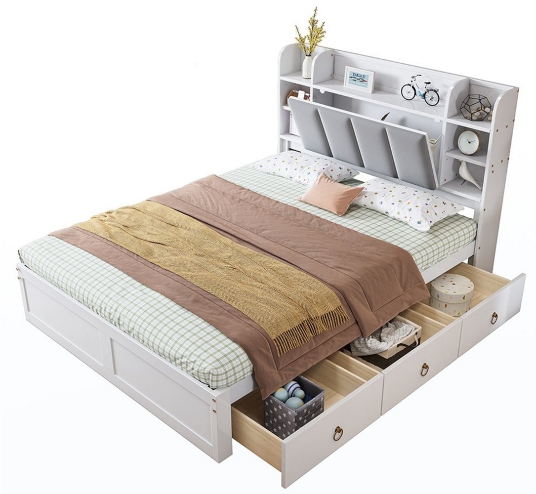 Sweiko Stauraumbett Doppelbett Kinderbett Funktionsbett Holzbett (Drei Schubladen mit Rollen Offenes Regal,Ablagefach mit herunterklappbarer Tür und 3 Schubladen, Rahmen aus Kiefer,Heranwachsende und Erwachsene, Kiefer+MDF), 140x200 cm, Weiß ohne Matratze Bild 1
