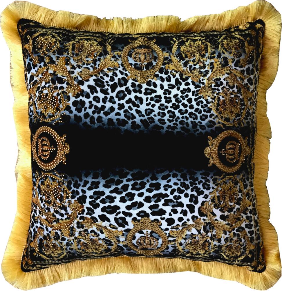 Harald Glööckler Luxus Kissen Pompöös by Casa Padrino Kronen / Leopard / Gold - Feinster Samtstoff - Glööckler Deko Kissen mit Strass Steinen Bild 1