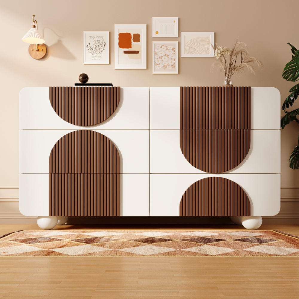Weiße Kommode Sideboard 121 x 71 x 41 cm Mit 6 Schubladen Elegantes Geschwungenes Design Aufbewahrungsschrank Mit Kippsicherung Für Wohnzimmer Flur Schlafzimmer Bild 1