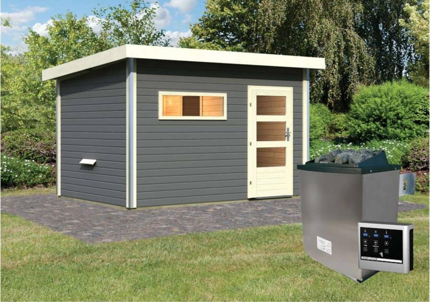 Karibu Sauna Skrollan 3 Terragrau +9 kW Saunaofen mit ext. Steuerung Easy Bild 1