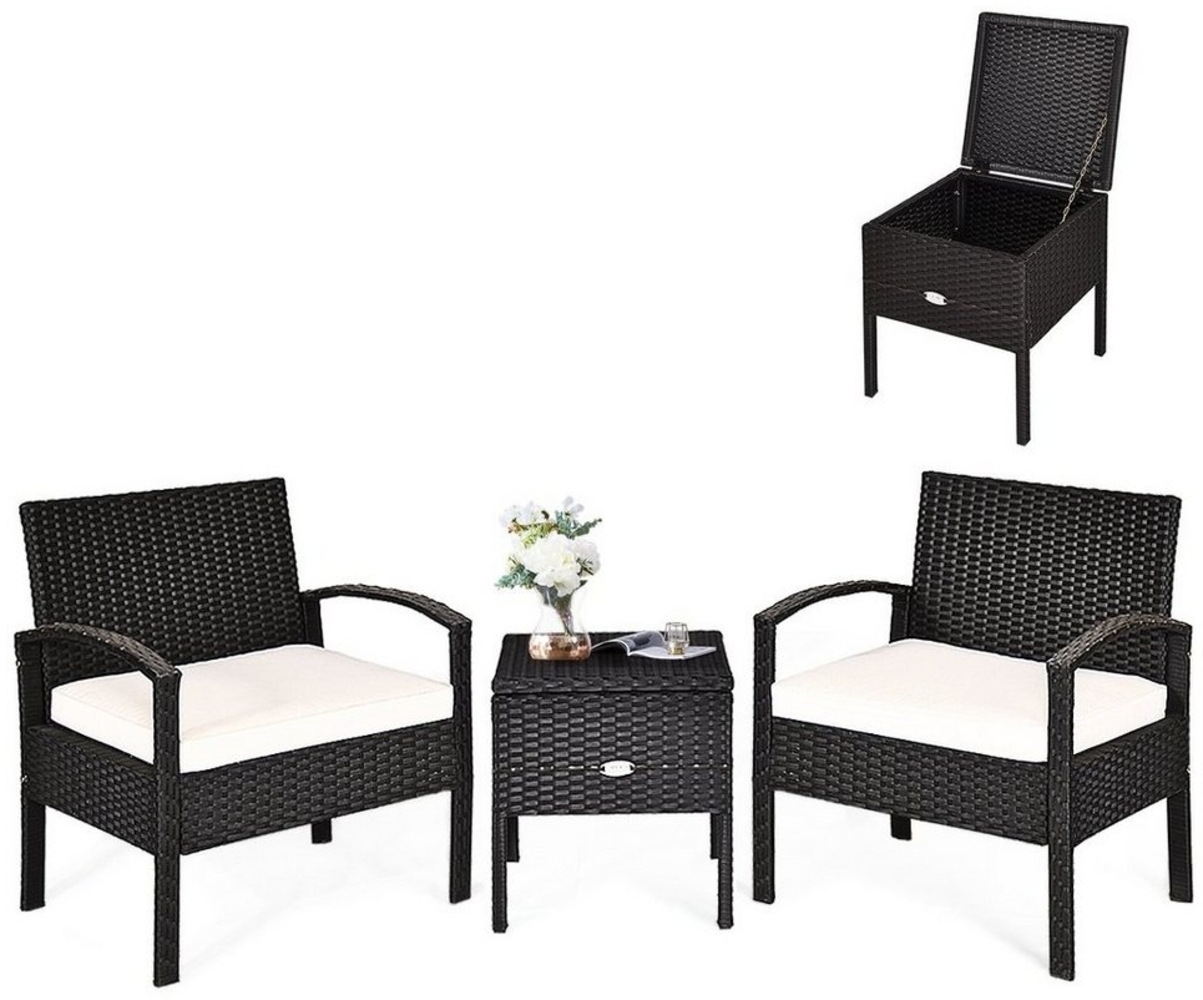 COSTWAY Balkonset, 3-tlg, Tisch mit Stauraum & 2 Sessel mit Kissen, Rattan Bild 1