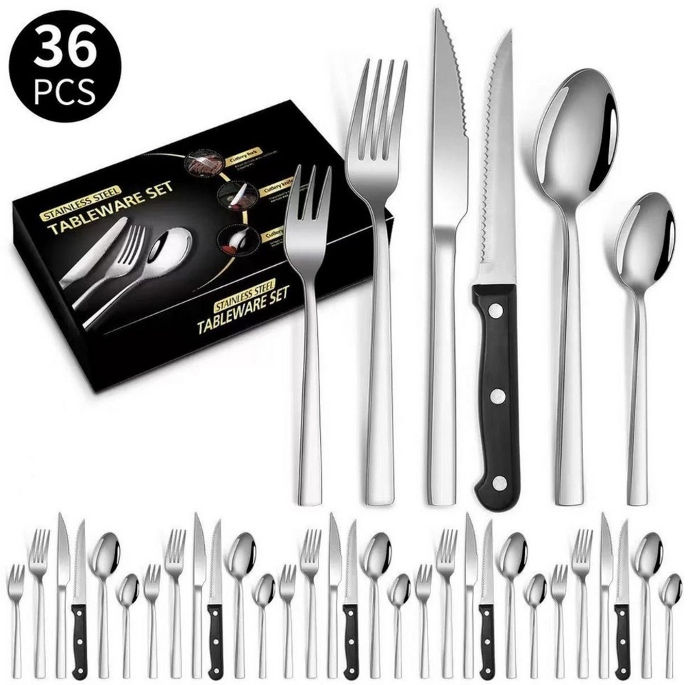 ibettertec Besteck-Set Besteck Set für 6 Personen,36teiliges Edelstahl Essbesteck&Steakmesser, 6 Personen, Elegantes/Modernes Besteckset,Besteck Set für Restaurant,Hotel,Zuhause Bild 1