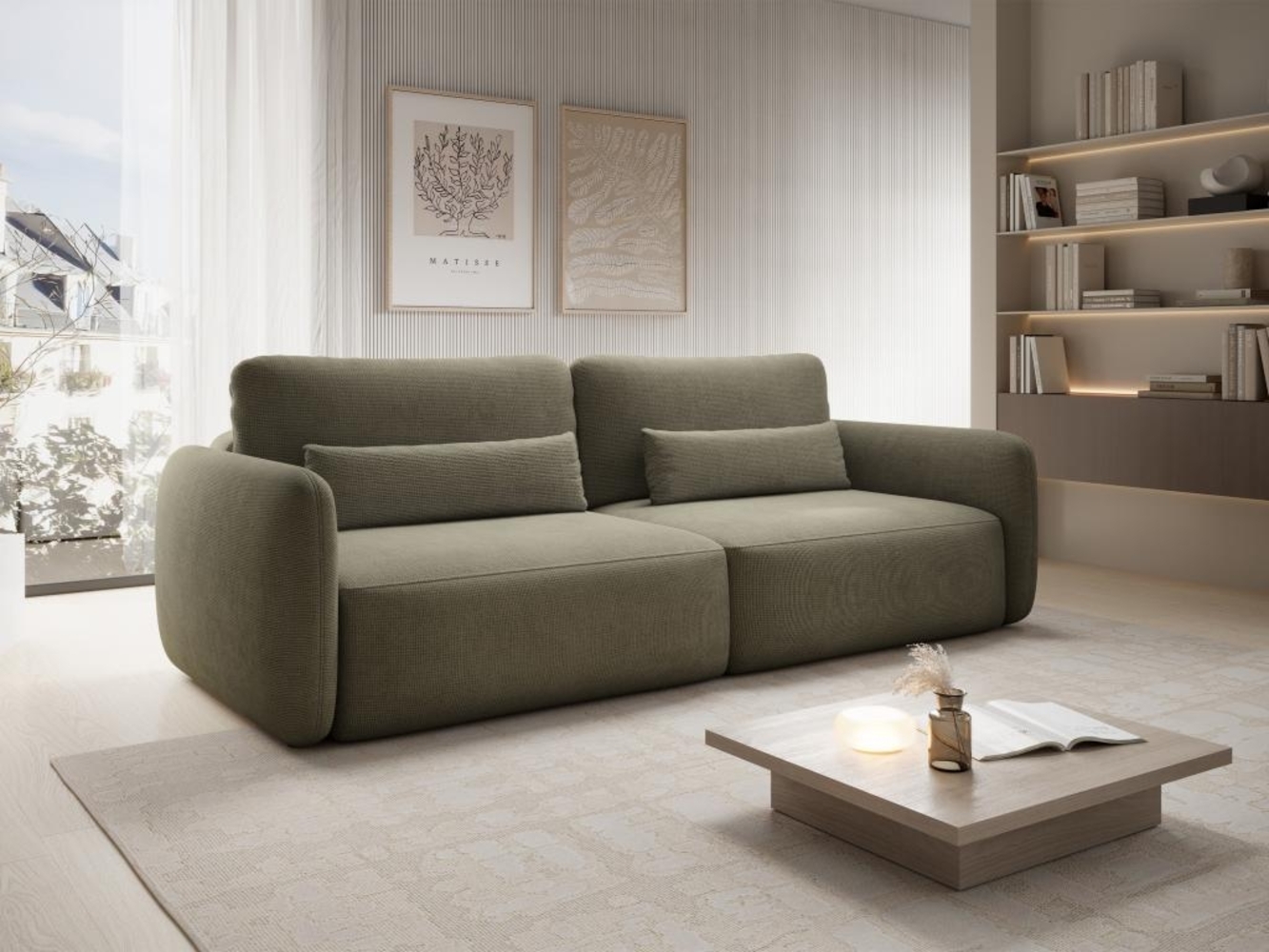 Vente-unique - Sofa mit Schlaffunktion 3-Sitzer - Strukturstoff - Grün - VOPOZA Bild 1