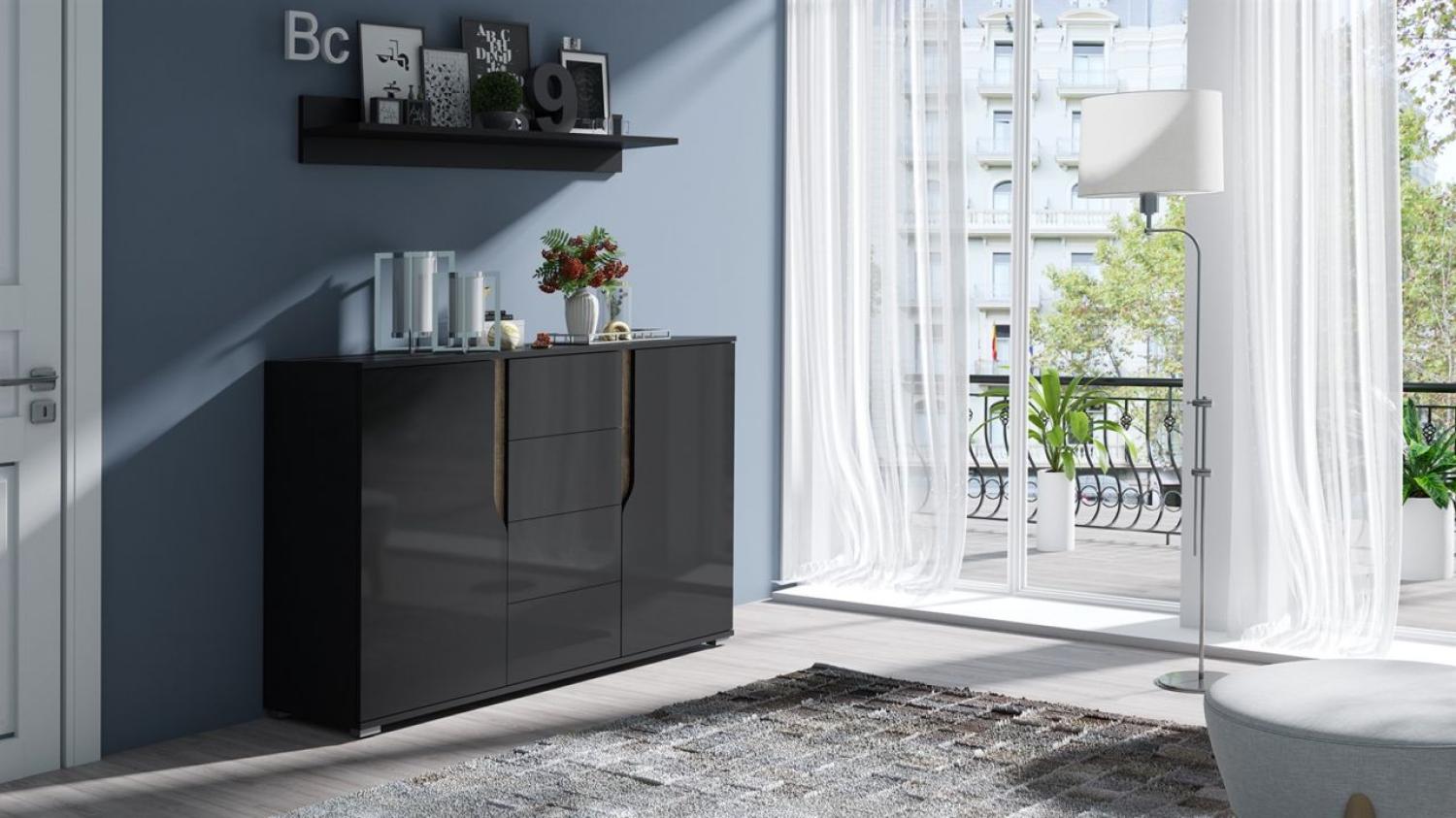 Sideboard Kommode DALLAS 135x90x40cm Schwarz HGL / Eiche Monastery Bild 1