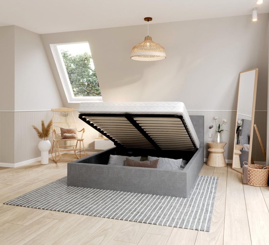 FDM Polsterbett Bettrahmen Bettgestell 90x200, 120x200, 140x200, 160x200, 180x200cm (MADE IN EU - mit hochwertigem fein gewebter Stoff für einen zeitlosen Look, Bettrahmen, Bett, Optional mit Matratze bestellbar, mit großen gepolsterten Kopfteil, mit B... Bild 1