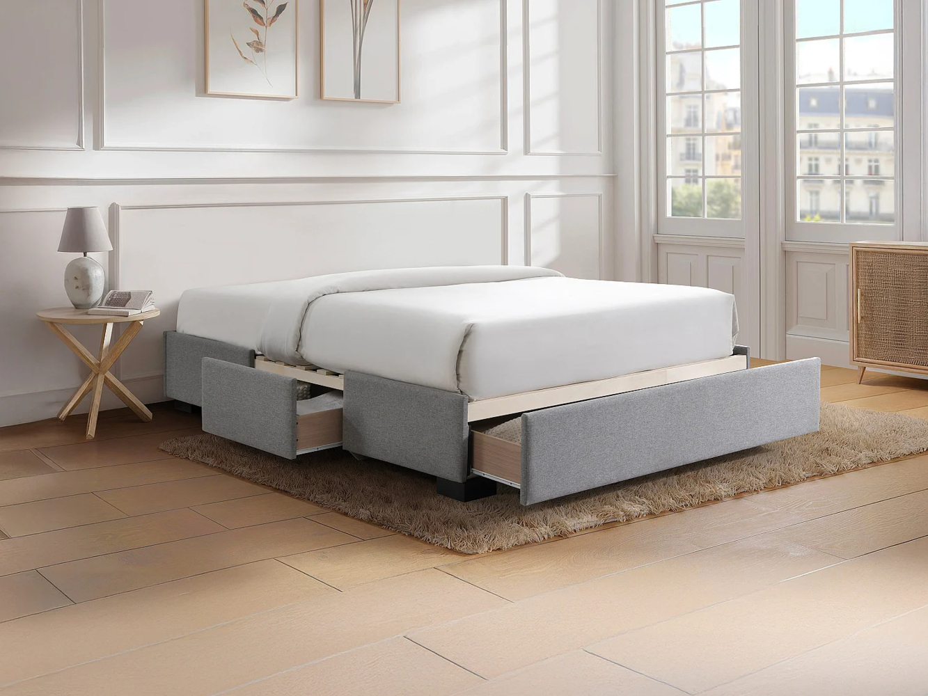 Vente-unique - Bettgestell mit Schubladen 160 x 200 cm - Stoff - Grau - KOLANE von YSMÉE Bild 1