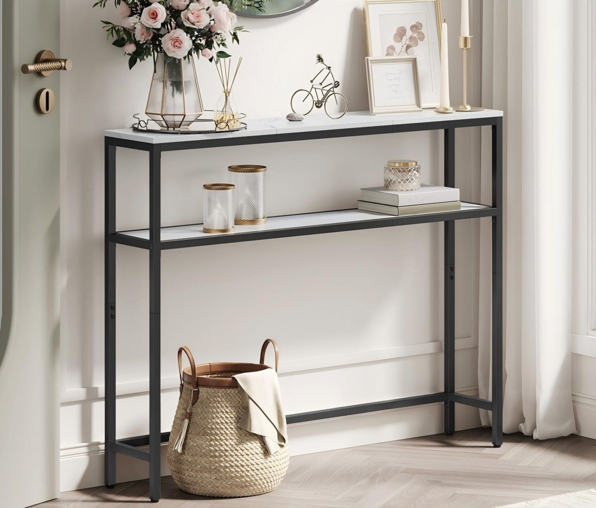 Vasagle Konsolentisch, schmal, mit 2 Ablagen, 2 Ebenen, Holzspanplatte, Stahl, marmorweiß-tintenschwarz, 20 x 100 x 80 cm Bild 1