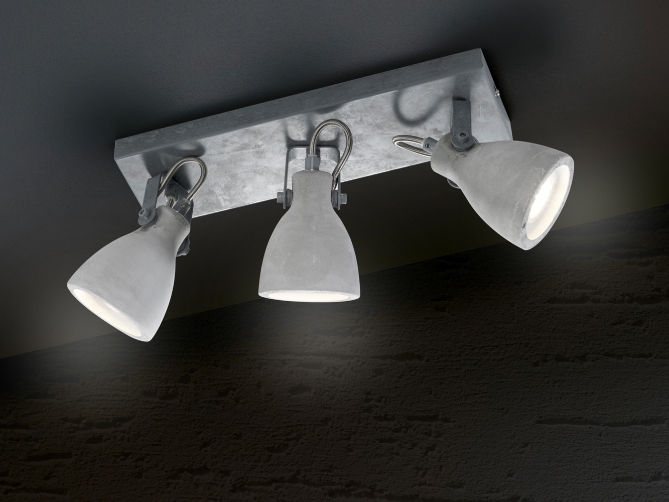 Retro LED Deckenstrahler 3-flammig mit Beton-Lampenschirmen, Breite 35cm Bild 1
