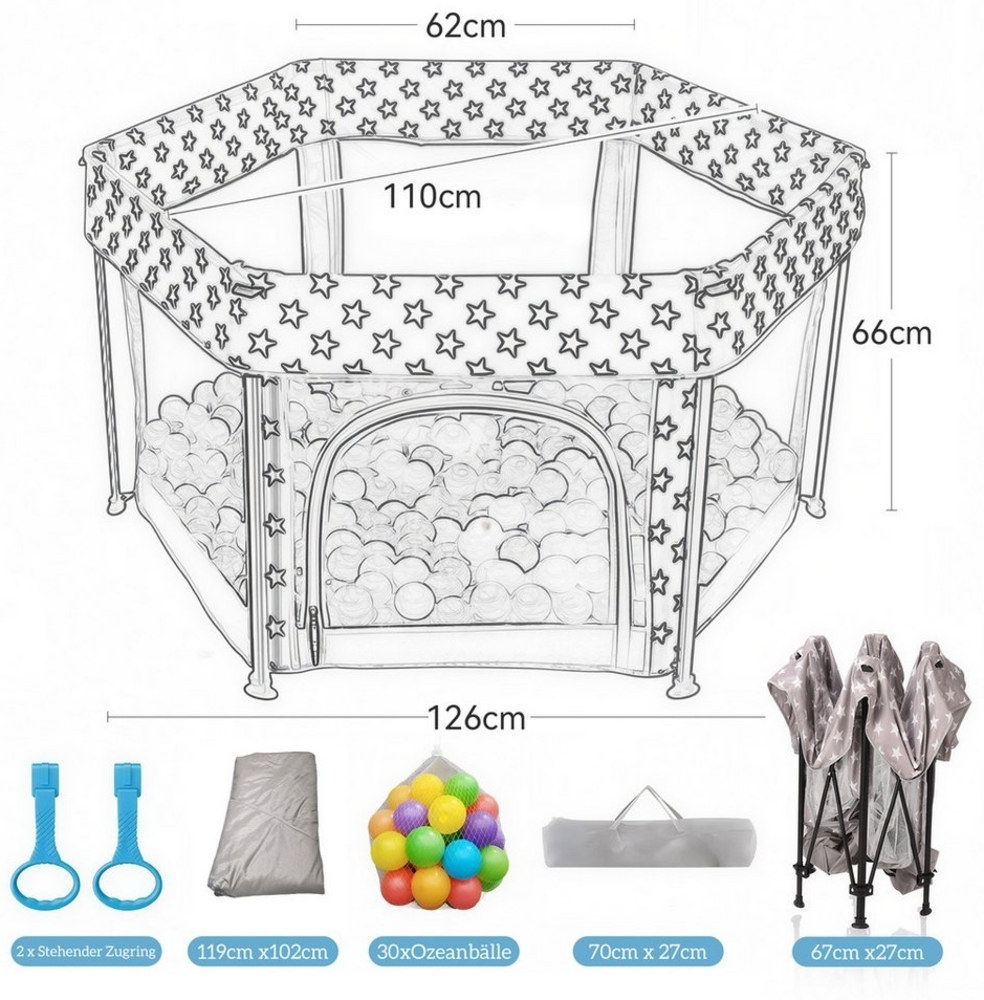 SEHAUSEU Laufgitter Laufstall baby zusammenfaltbar Krabbelgitter mit Spielmatte, mit Ozeanbällen, Tragetasche, Stehender Zugring Bild 1