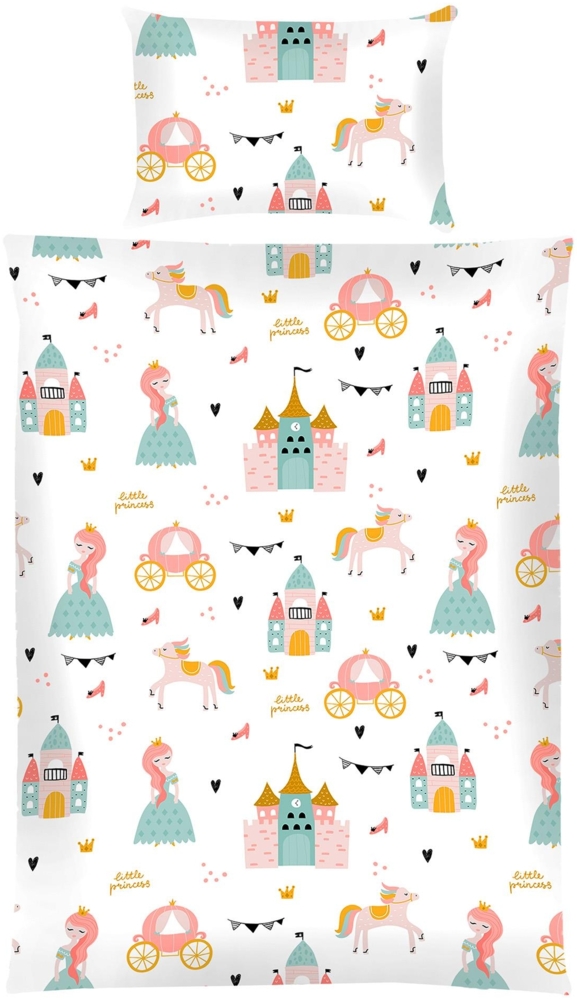 Kinder Bettwäsche 2-tlg ( 100x135 cm / 40x60 cm ) Bettdecken Set, 100% Baumwolle - Babybettwäsche mit Motiv - Prinzessin Bild 1