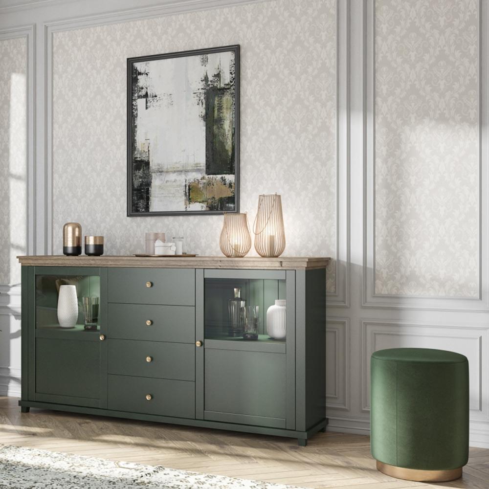 Sideboard mit Glaseinsätzen und LED Beleuchtung EPSOM-83 Landhaus grün mit Lefkas Eiche Nb, B/H/T: ca. 181/93/42 cm Bild 1