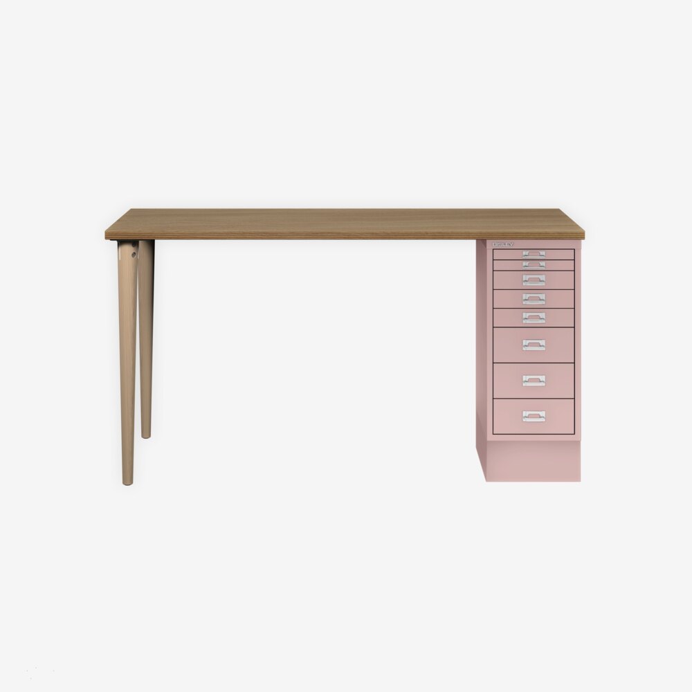 MultiDesk, 2 Eichenfüße, 1 MultiDrawer mit 8 Schüben, Dekor natürliche Eiche, Farbe Pastellpink, Maße: H 740 x B 1400 x T 600 mm Bild 1