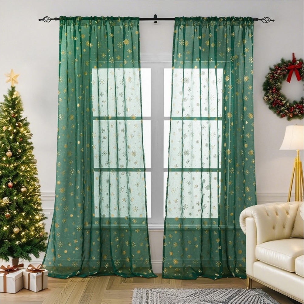 Jibenhome Gardine Vorhang Weihnachten Schneeflocke,Transparentvorhang,Weihnachtsdeko (2 St), halbtransparent, Voile Gardinen für Wohnzimmer, Schlafzimmer, Partydekoration Bild 1