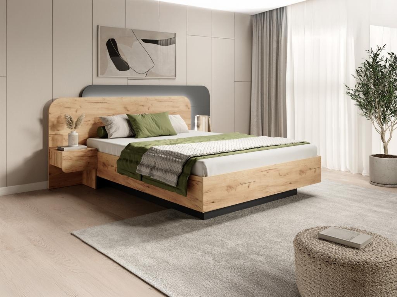 Vente-unique - Bett mit Nachttischen - 160 x 200 cm - Mit LED-Beleuchtung - Holzfarben & Anthrazit - DESADO Bild 1