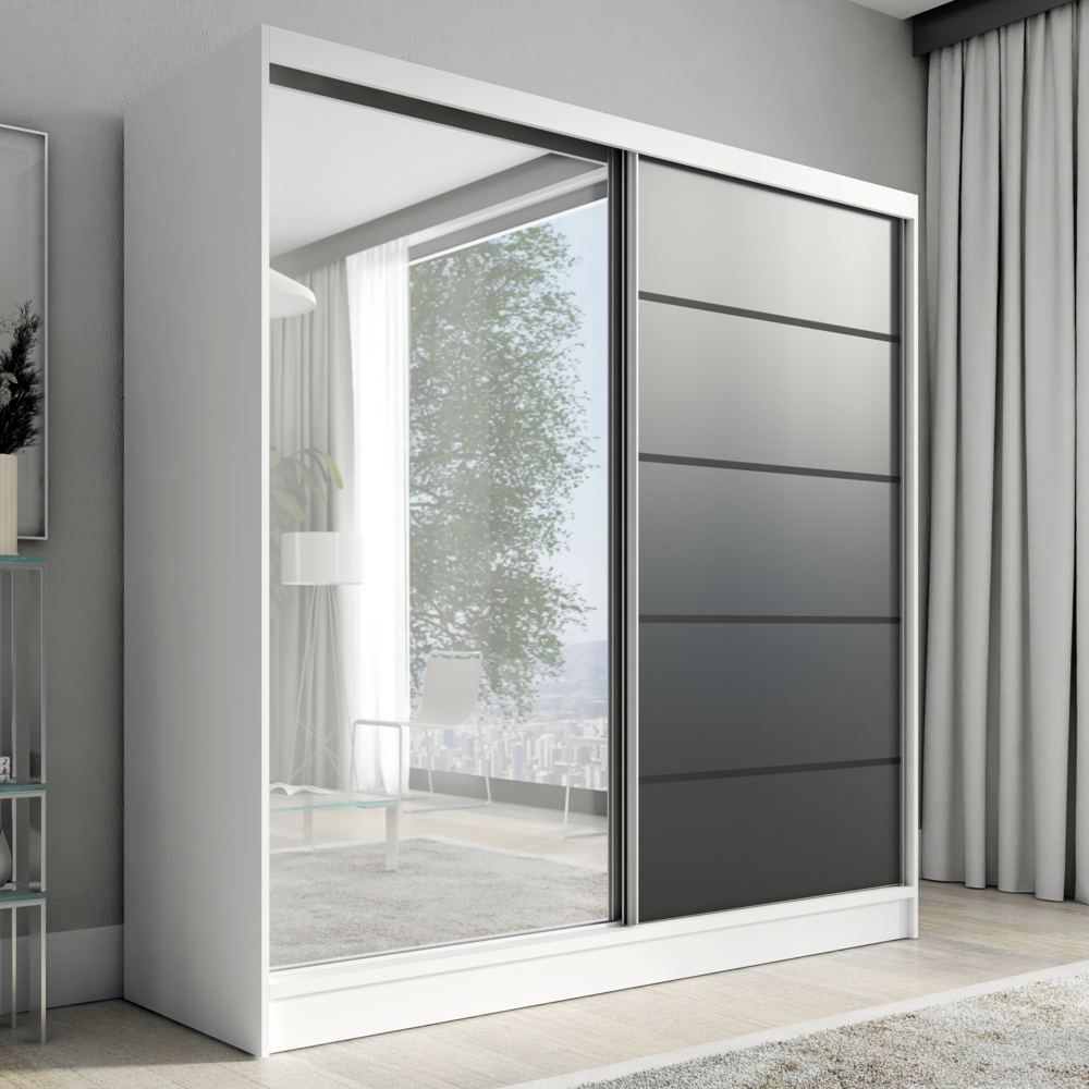 A&J MöbelLand Schwebetürenschrank NERO 2 200 cm mit Spiegel drei Schubladen Bild 1