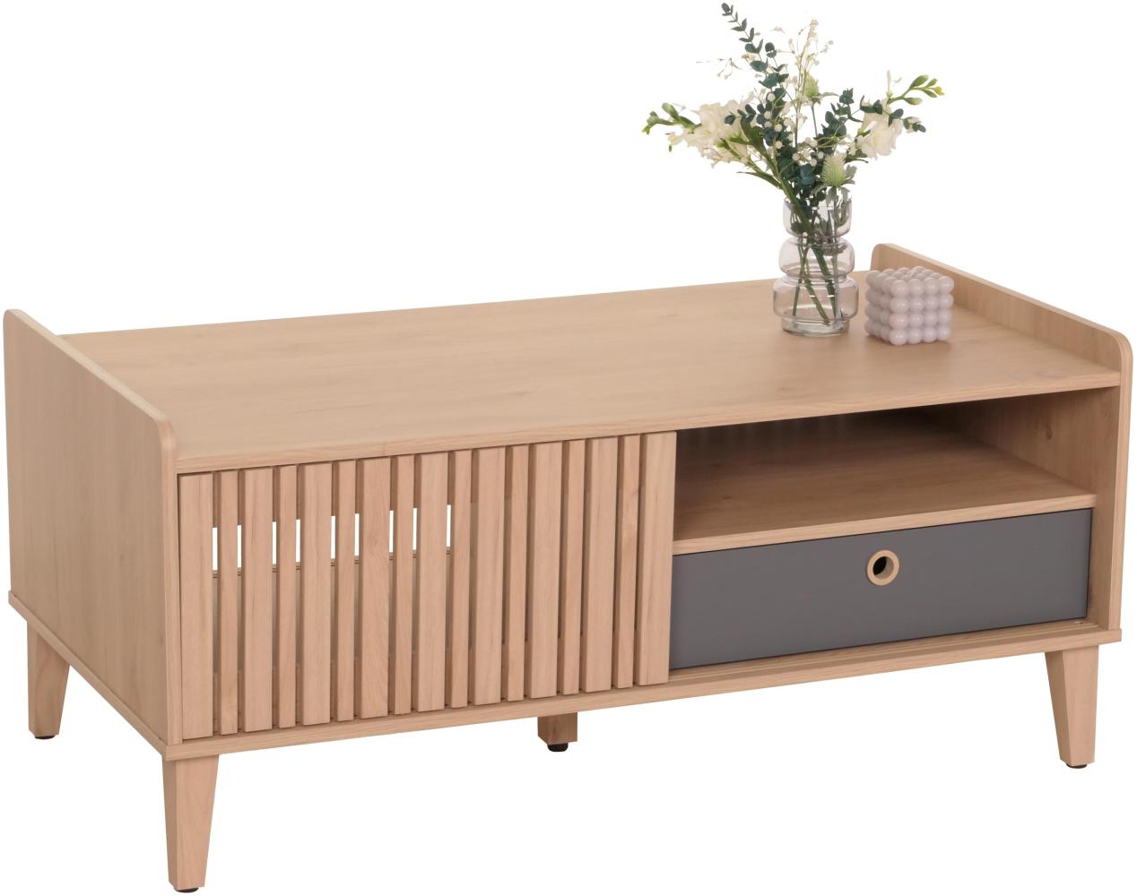 Couchtisch HWC-M48, Wohnzimmertisch Tisch Sofatisch, Mango-Massivholz 52x114x59cm ~ beige, Schublade grau Bild 1