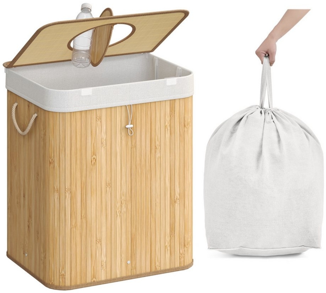SONGMICS Pfandflaschen-Sammelbehälter, 95 L Pfandflaschen-Behälter, Bambus, Flaschensammler Leergut, Recycling-Behälter, mit Loch, Deckel, Innensack mit Griffen, Küche, naturbeige RRB060Y01 Bild 1