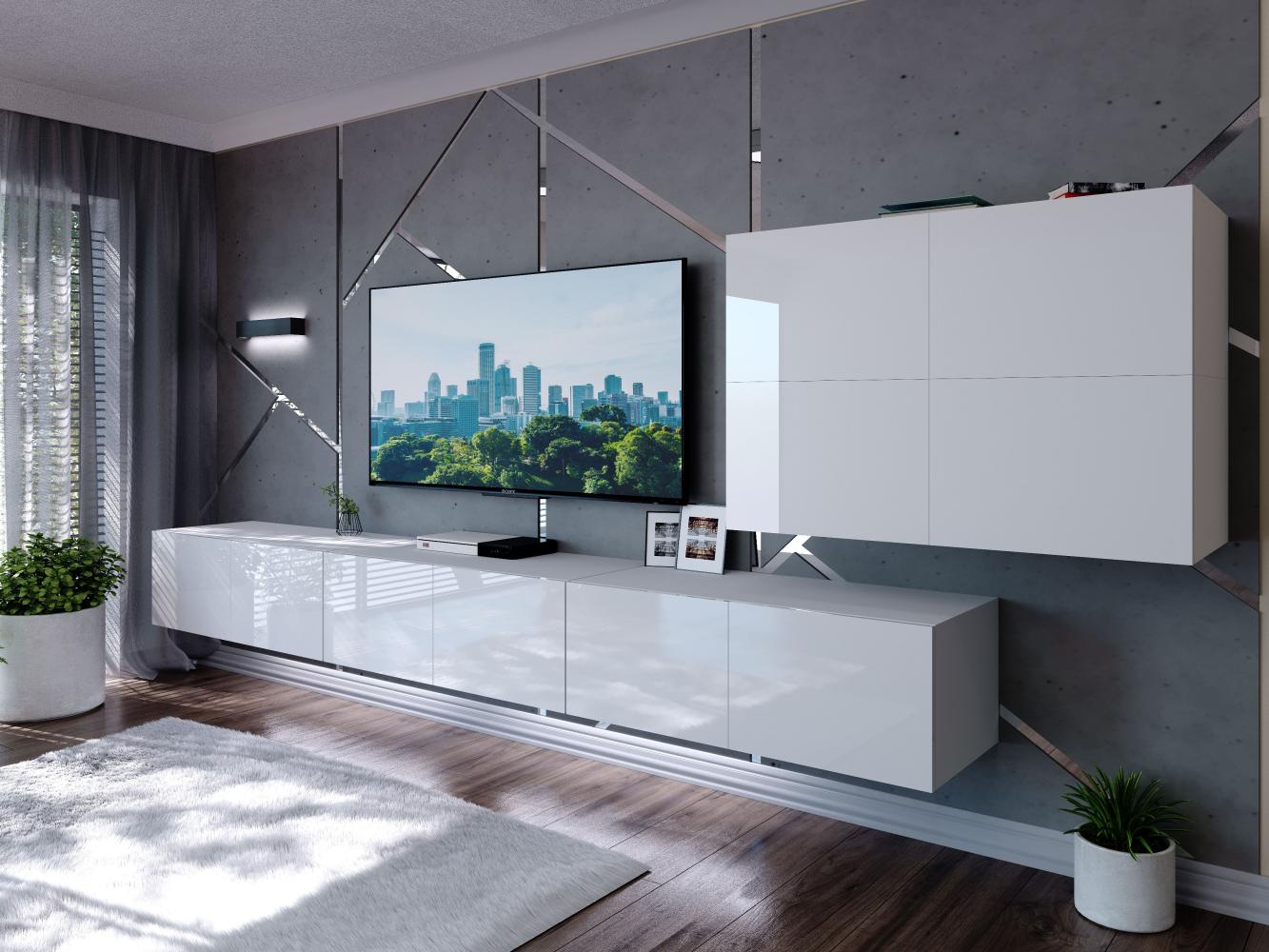 Domando Wohnwand Imperia M6 Modern für Wohnzimmer Breite 350cm, variabel hängbar, Push-to-open-System, LED Beleuchtung in weiß, Hochglanz in Weiß Matt und Weiß Hochglanz Bild 1