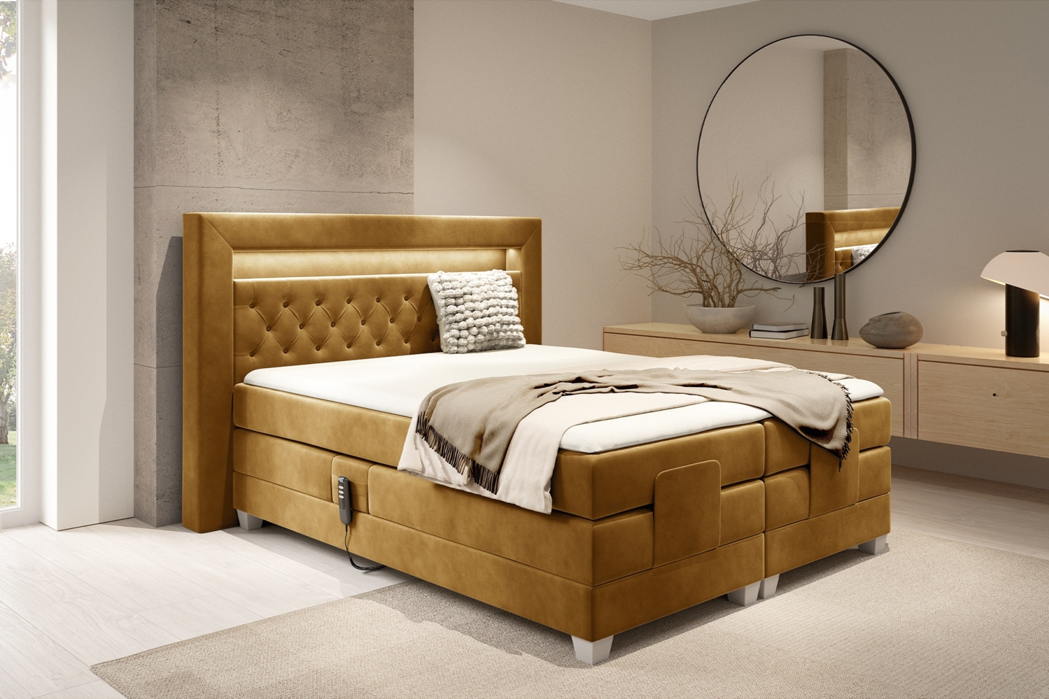 MEBLINI Boxspringbett Elektrisch SANTORE 120x200 cm mit Bettkasten und LED – H3/Senffarbe Samt Polsterbett - Doppelbett mit Toppers & Taschenfederkern-Matratzen Bild 1