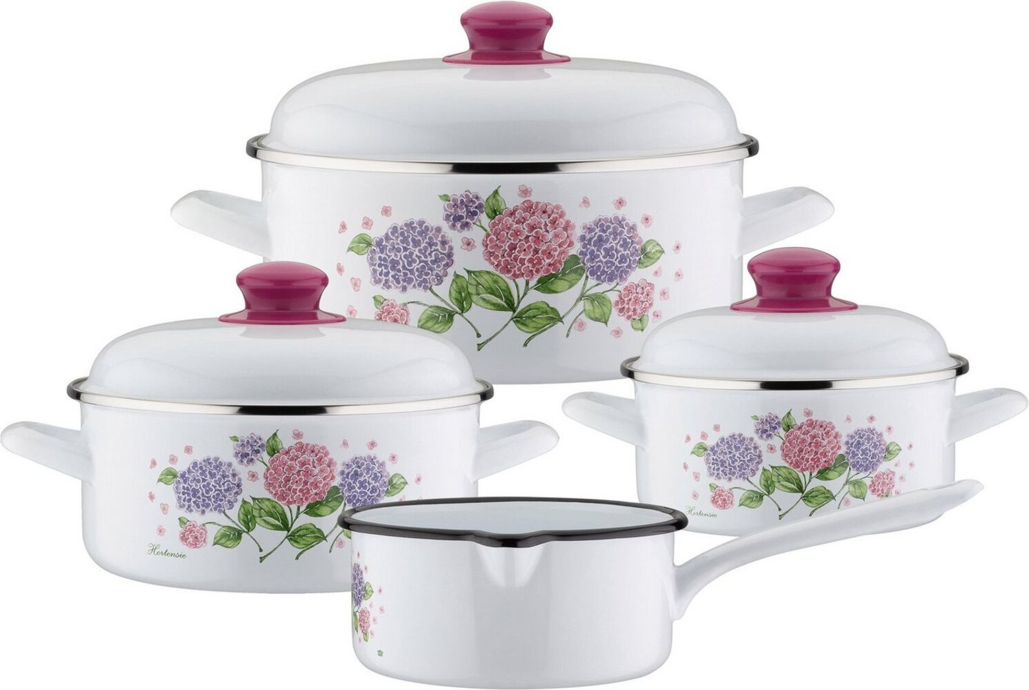 GSW Topf-Set Hortensie, Stahl-Emaille (Set, 7-tlg, je 1 Kochtopf Ø 16/20/24 cm, 1x Stielkasserolle Ø 16 cm), Induktion Bild 1