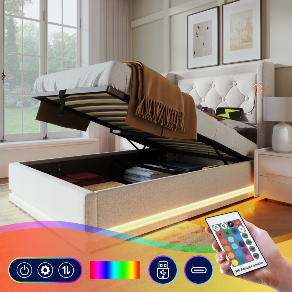 Polsterbett 90x200 cm Beige mit 3-seitiger LED-Beleuchtung, Wingback Kopfteil & USB Typ-C Ladefunktion,hydraulischer Stauraum Bild 1