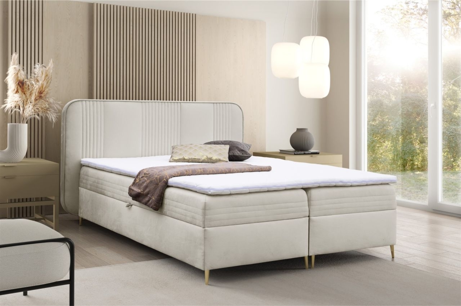 Boxspringbett Schlafzimmerbett ALIZE 180x200 cm Stoff Fresh Creme Bild 1