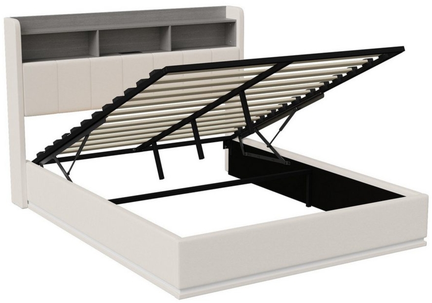 FUROKOY Polsterbett LED Doppelbett mit Ladefunktion, Stauraumkopfteil, (Hydraulischer Stauraumbett 160x200 cm), mit USB-Laden und Steckdose,Samt,Weiß Bild 1