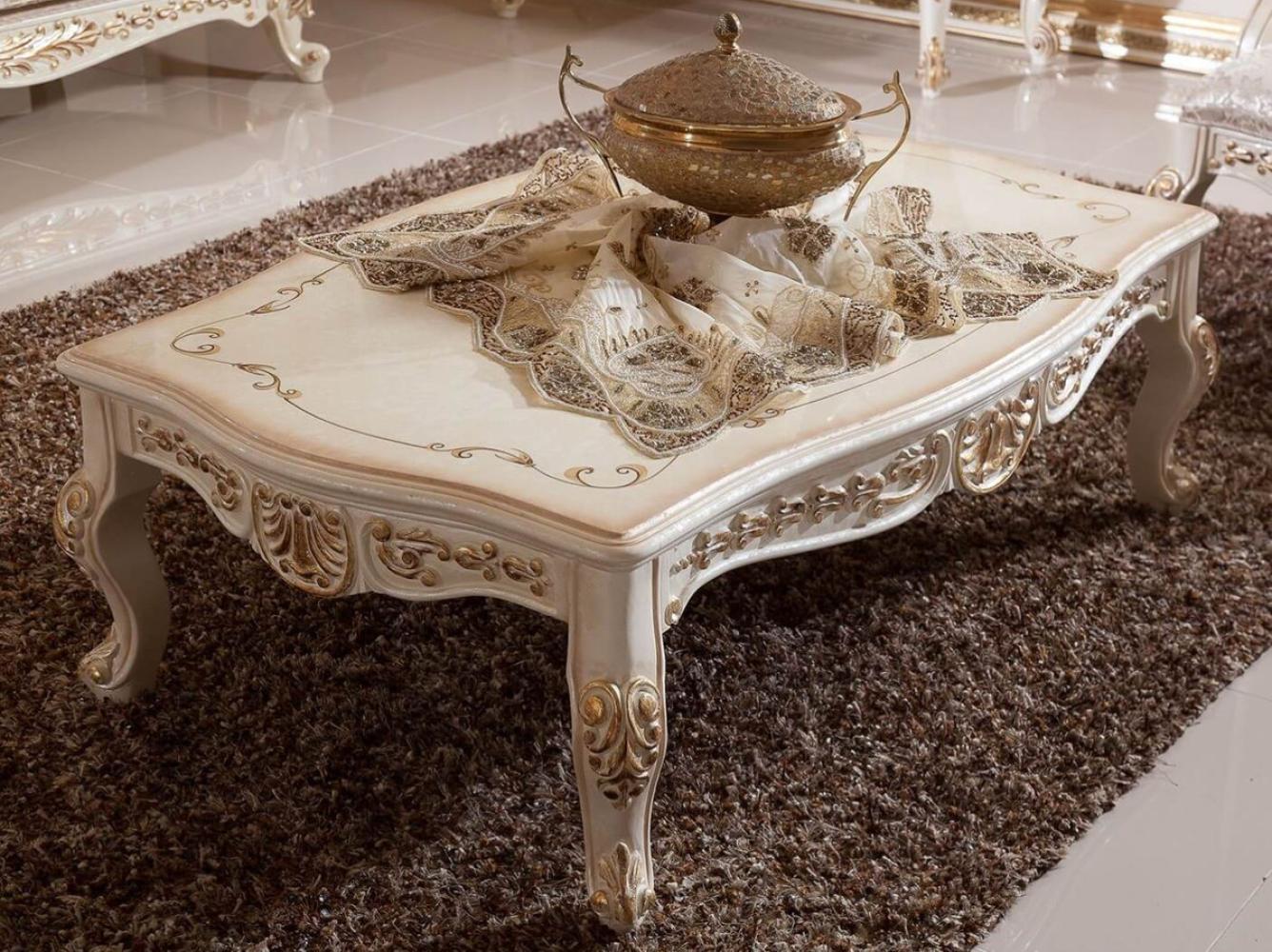 Casa Padrino Luxus Barock Couchtisch Weiß / Beige / Gold - Prunkvoller Massivholz Wohnzimmertisch im Barockstil - Barock Wohnzimmer Möbel - Edel & Prunkvoll Bild 1