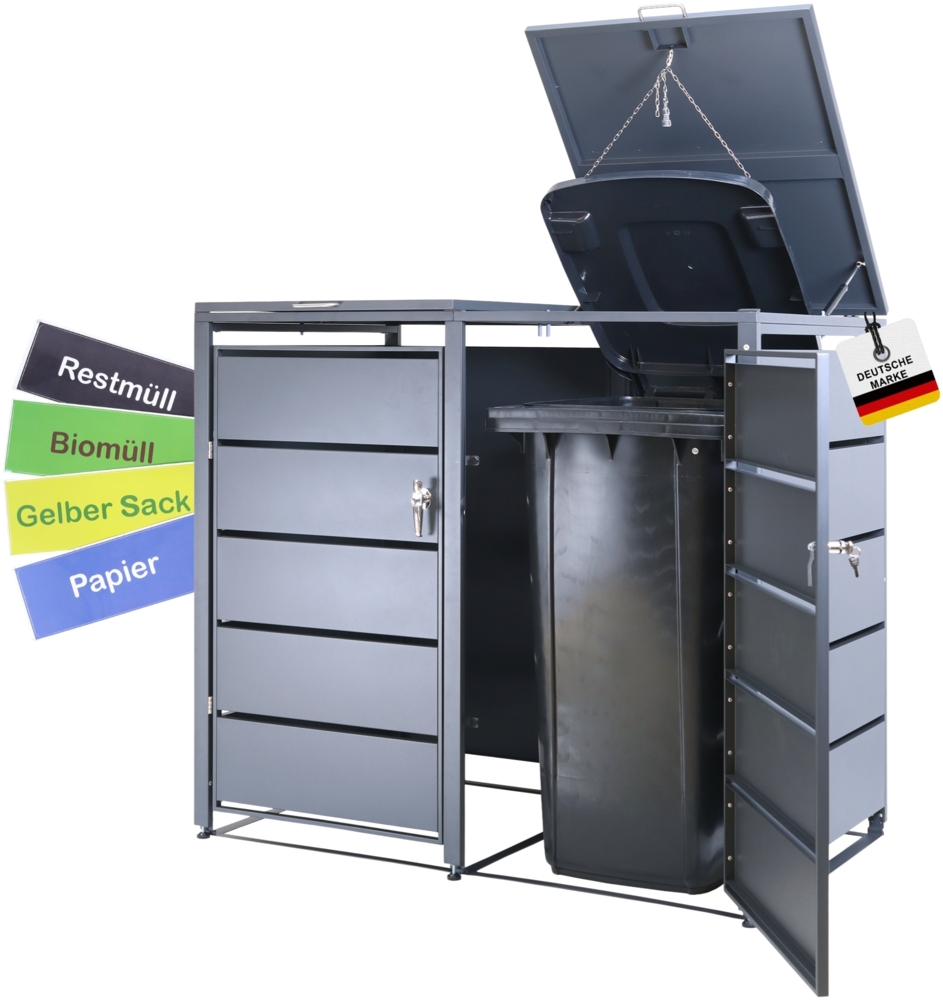 Albatros Mülltonnenbox 2er Tonne | bis 240 Liter | Anthrazitgrau RAL 7016 | verzinkter Stahl | Premium Dämpfer| Aufkleber-Set | wetterfest| verstellbare Füße| Türgriff mit Schloss | Gartenbox | entwickelt in Deutschland Bild 1