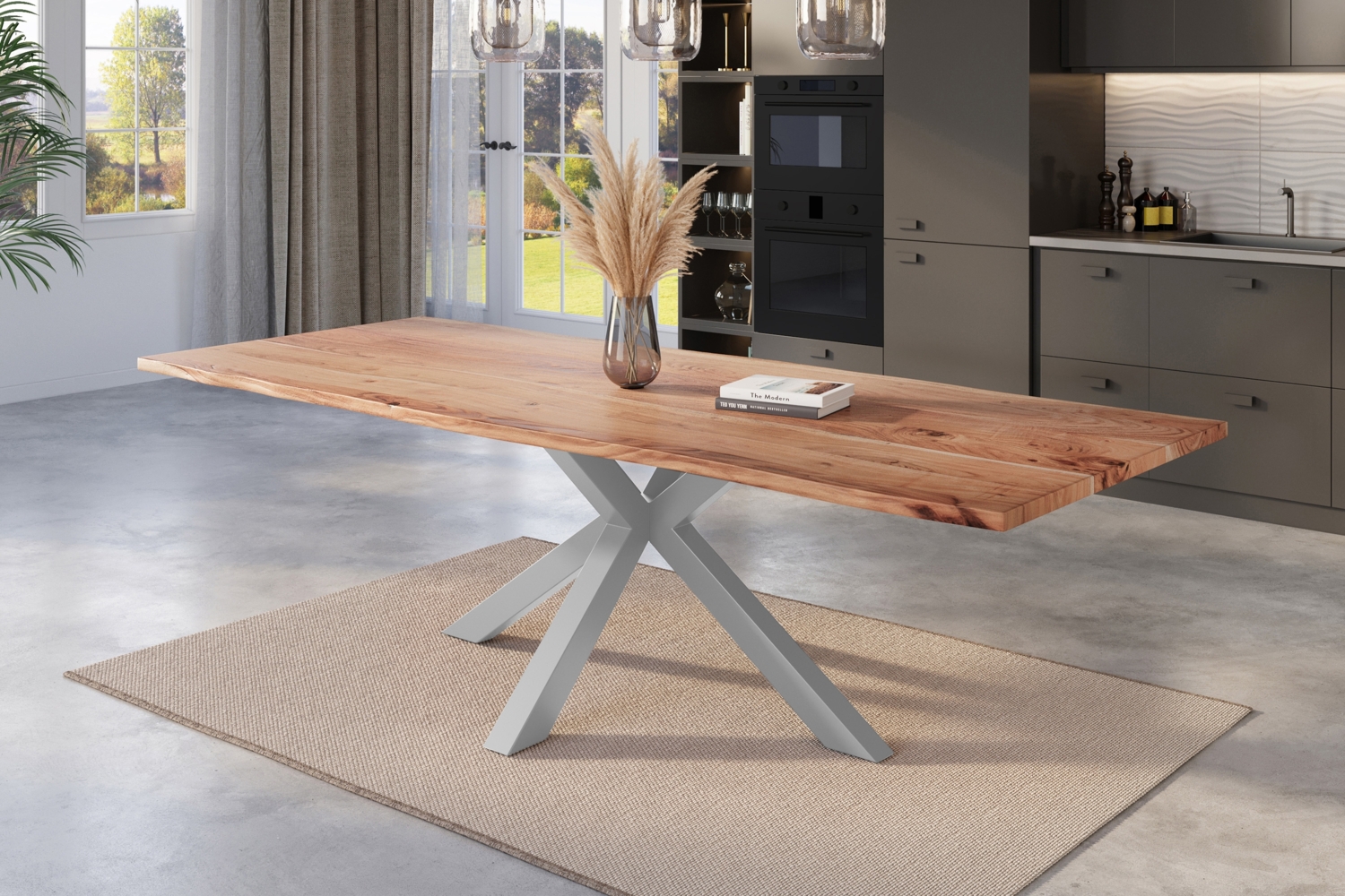 Esstisch Baumkante massiv Akazie natur 240 x 100 cm Spider-Gestell silber KALEA 77144755 Bild 1