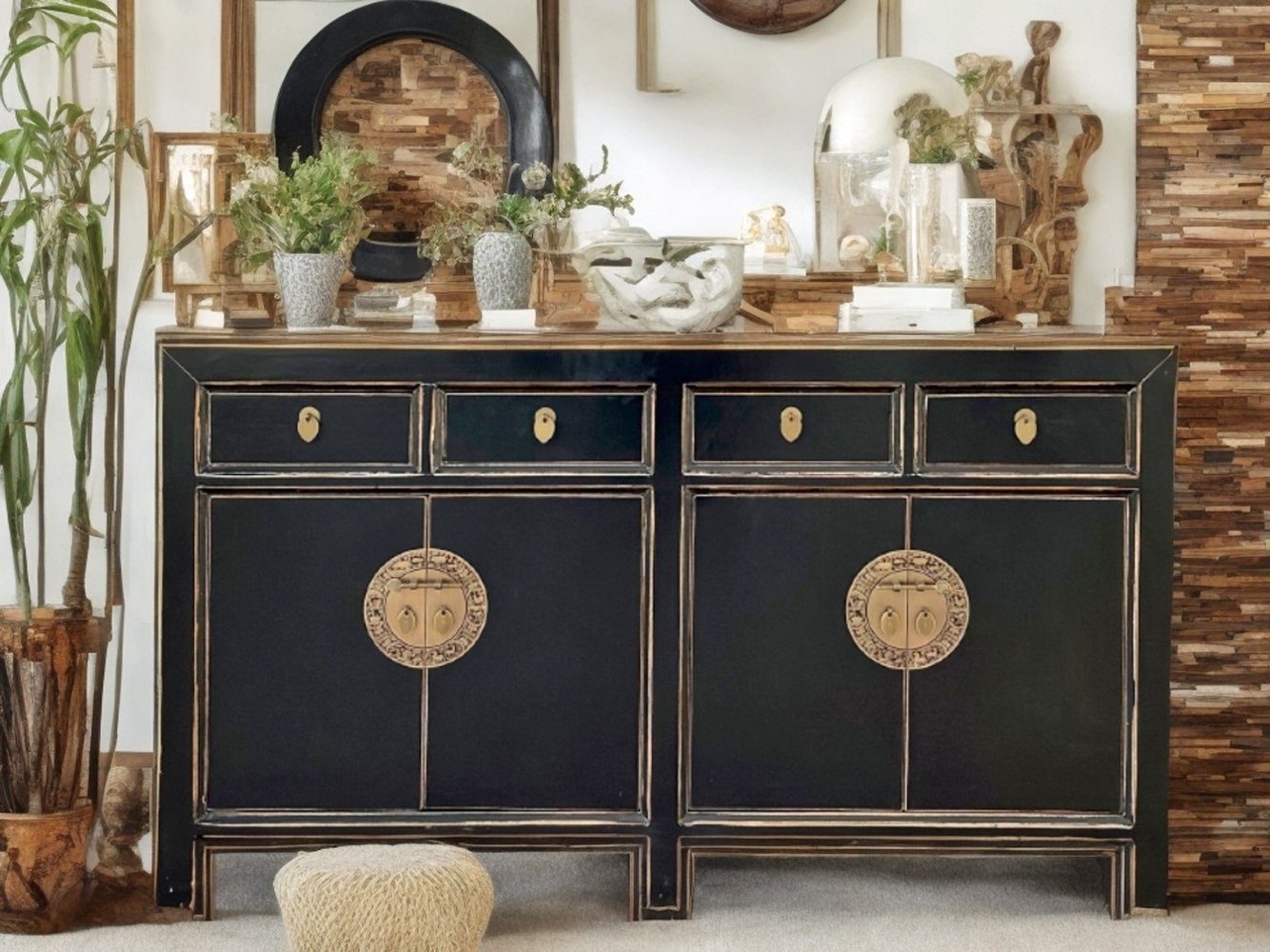 Chinesisches Sideboard schwarz vintage schlicht Schrank Kommode Kolonial-Stil Antik-Stil Lowboard asiatisch orientalisch Fernost shabby-chic Landhaus Bild 1