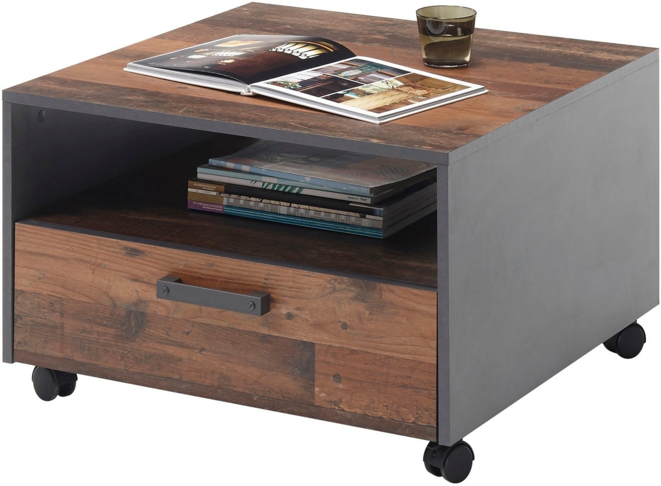 JONES 2 Couchtisch auf Rollen in Anthrazit, Old Style Optik - Mobiler Sofatisch mit Schublade - 70 x 40 x 70 cm (B/H/T) Bild 1
