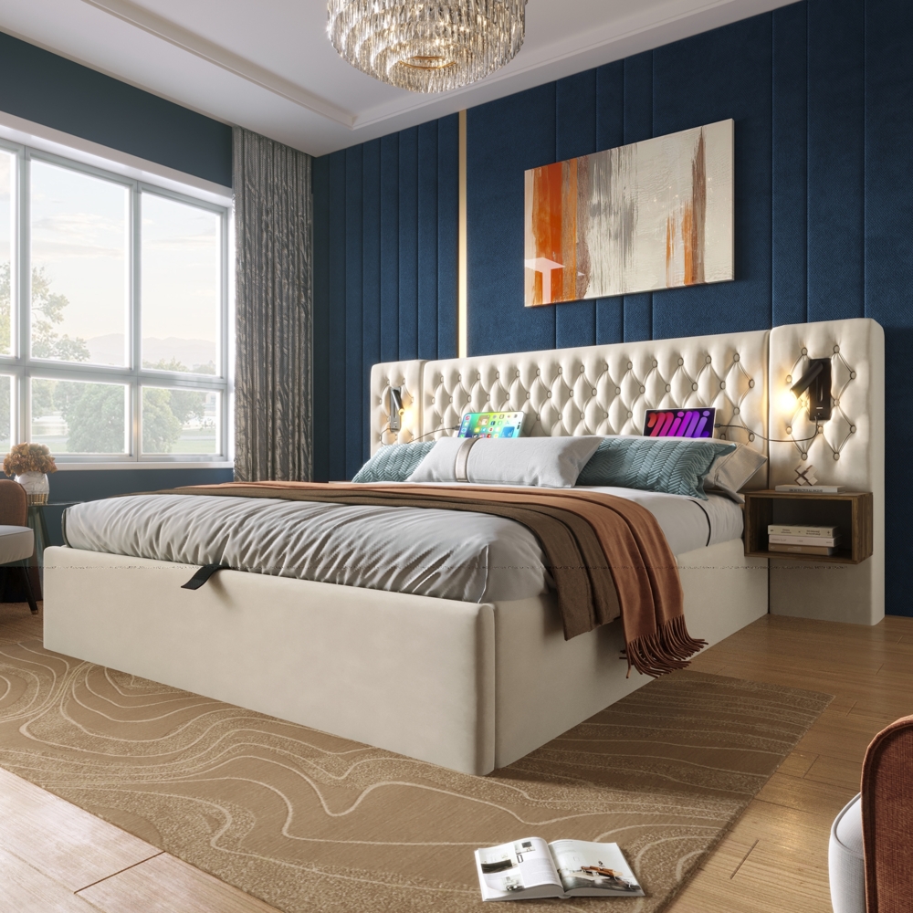 Polsterbett 180x200 cm Beige mit Kopfteil, Nachttischen, LED-Leselampe & Stauraum, hydraulisch verstellbar, USB Type-C Ladefunktion Bild 1