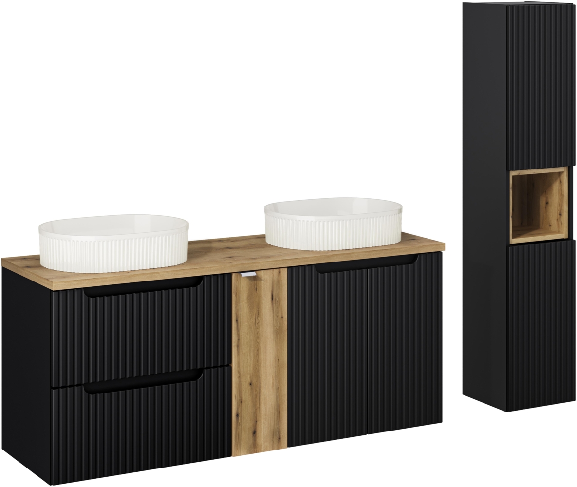NOVA BLACK Badmöbel-Set 140 cm mit einer Waschtischplatte, 2 Beyond-Aufsatzwaschbecken und einem Hochschrank (40x140cm), Schwarz Teppich,Eiche Wotan Bild 1