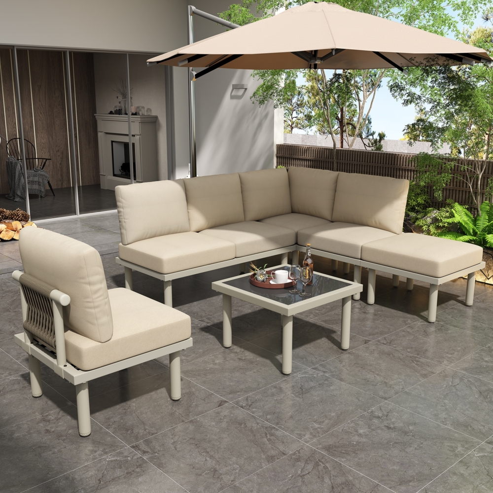 Merax Gartenlounge-Set, 6 Sitzer frei-kombinierbar Gartenmöbel aus Seil Tischplatte aus Glas, beige Bild 1