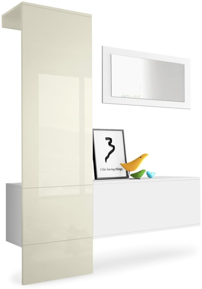 Vladon Garderobe Carlton Set 4, Garderobenset bestehend aus 1 Garderobenpaneel, 1 Schrankmodul und 1 Wandspiegel, Weiß matt/Creme Hochglanz (156 x 193 x 35 cm) Bild 1