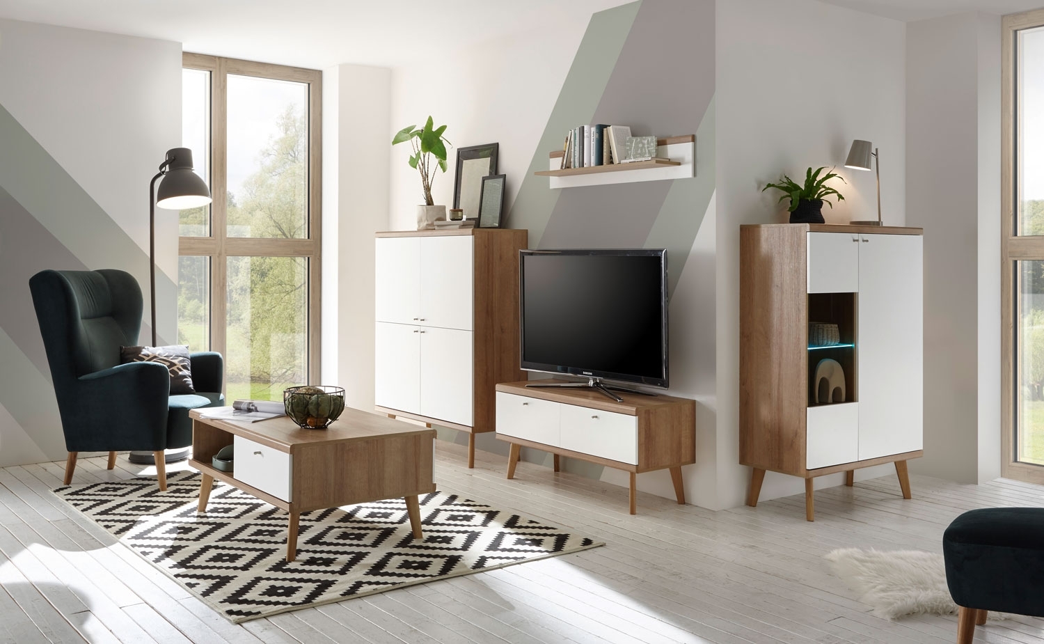 Wohnzimmer Set Merle 304cm eiche riviera / weiß matt Anbauwand Bild 1