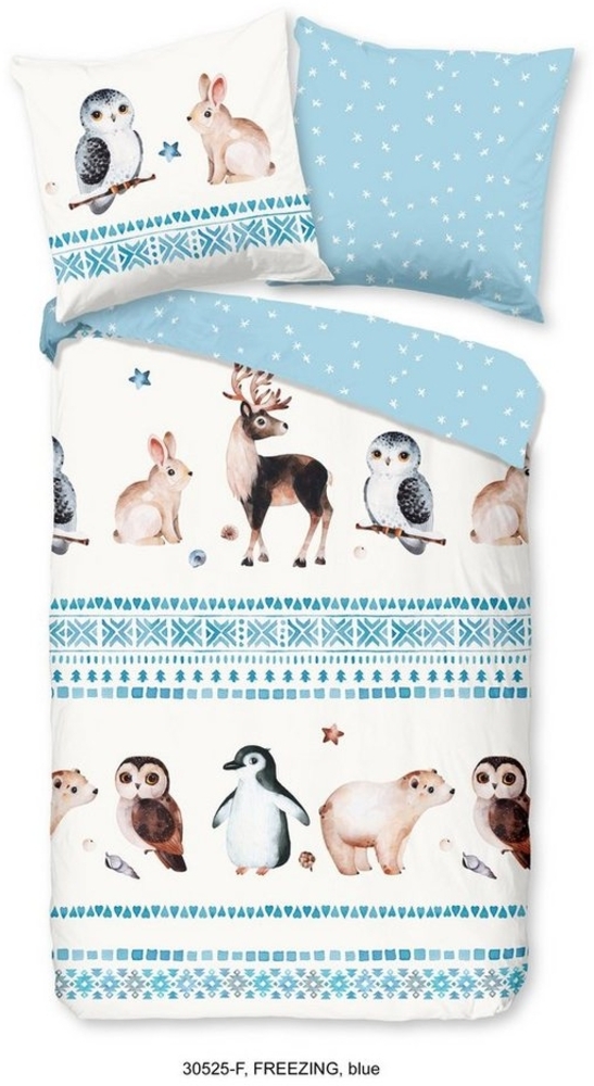 good morning Kinderbettwäsche Freezing Animals, Biber, Flanell, 2 teilig, Biber, 135x200, Warm, Weich, Wendeoptik, Reißverschluss, Winter, Kind Bild 1