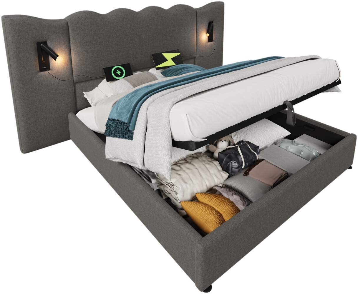 Polsterbett 180x200 cm mit hydraulischem Bettkasten, Leinenbezug und 360° drehbarer Leselampe mit USB‑C,Grau Bild 1