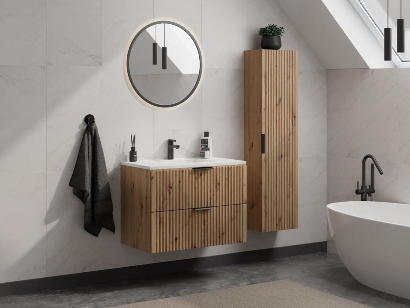 Vente-unique - Waschbeckenunterschrank hängend mit Einbauwaschbecken & Badhochschrank - Streifenoptik - Holzfarben hell - 80 cm - ZEVARA Bild 1