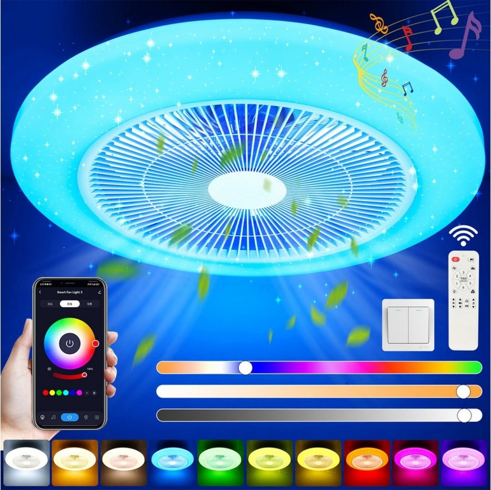 oyajia Deckenleuchte Leise Deckenventilator mit Beleuchtung,Deckenlampe Mit Ventilator 50cm, Warmweiß, Naturweiß, Kaltweiß, RGB, Dimmbar Musik Deckenventilator mit Bluetooth Lautsprecher Bild 1